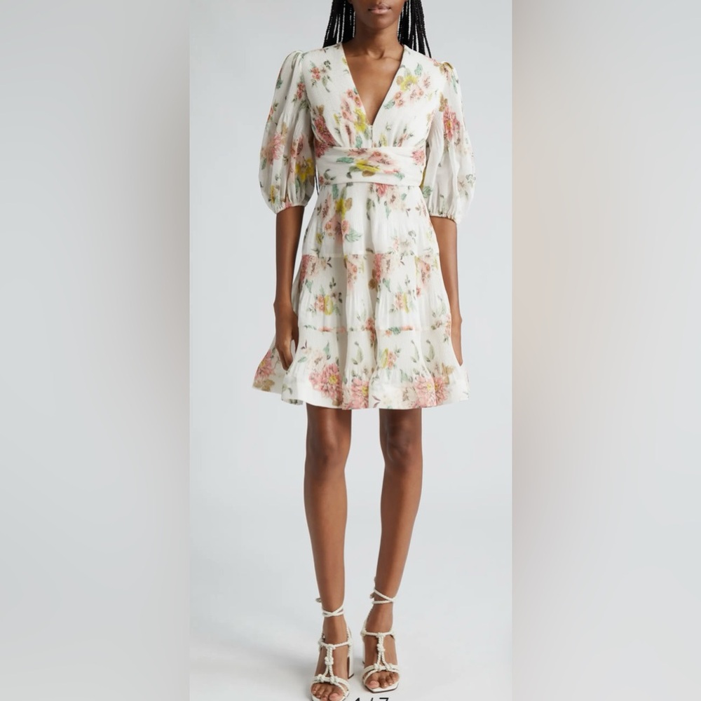 Ivory Floral V-Neck Puff Sleeve Mini Dress